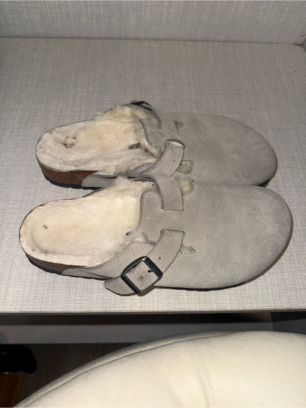 Birkenstock Suede Shearling Clog Mules in Light Taupe - Picture 2 of 5